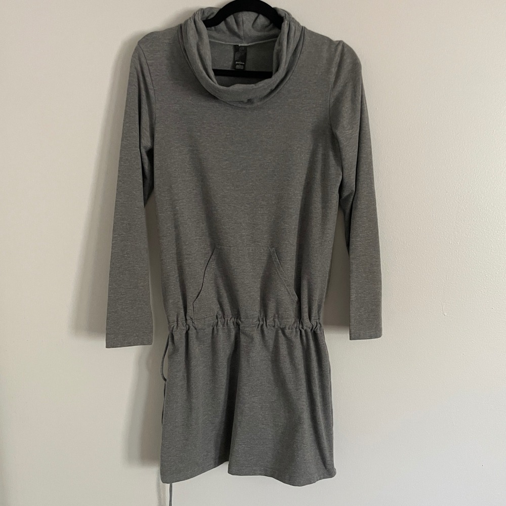 Prana Cowl Neck Dress Womens Large Grey Drawstring Waist Long‎ Sleeve USA